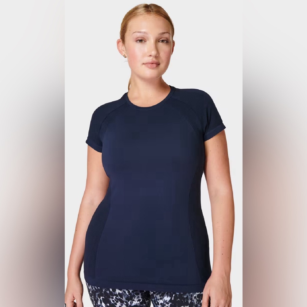 Sweaty Betty NWT Athlete Seamless Workout T-Shirt Blue Top 4-Way Stretch Comfy M